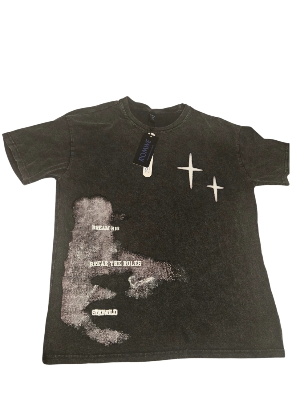 ROMWE Graphic Tee XS Black Acid Wash Dream Big Break Rules NWT